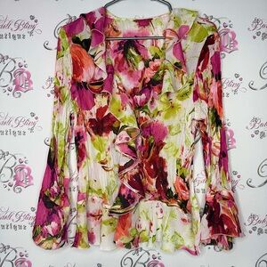 Sunny Leigh blouse ruffle frill hem bell bottom sleeve cuffs floral pleated luxe